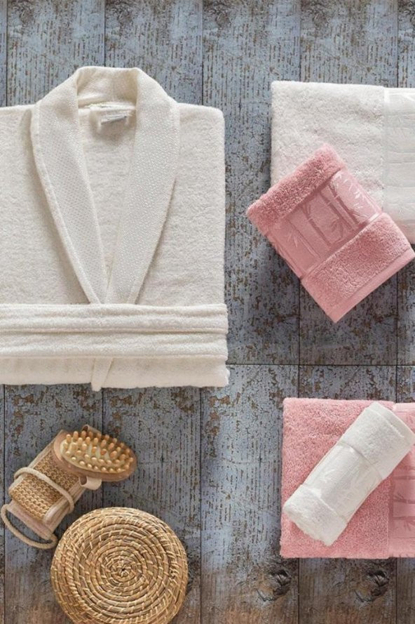 Arliva Bambu Aile Bornoz Takımı Gül Kurusu Krem - Resim 2