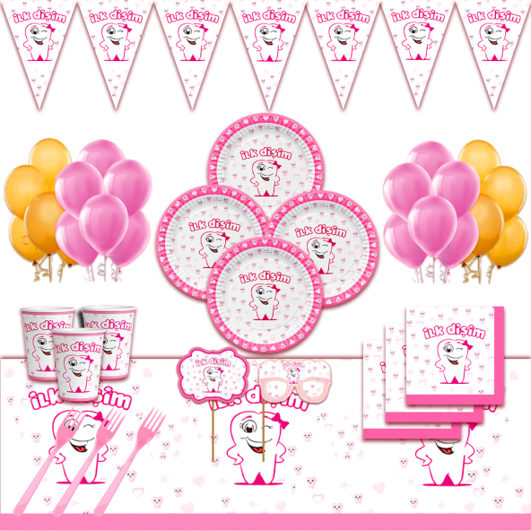 DİŞ BUĞDAYI İLK DİŞİM PEMBE DOĞUM GÜNÜ PARTİ MALZEMELERİ SÜSLERİ SETİ 8 KİŞİLİK