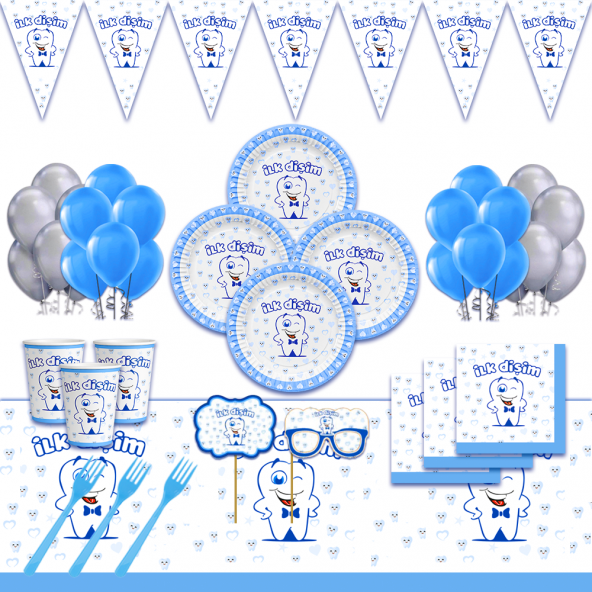 DİŞ BUĞDAYI İLK DİŞİM MAVİ DOĞUM GÜNÜ PARTİ MALZEMELERİ SÜSLERİ SETİ 16 KİŞİLİK