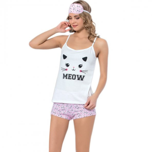 Meow Desenli Şortlu Yazlık Bayan Pijama Takımı