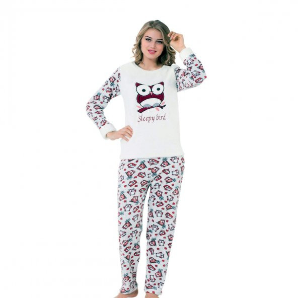 Baykuş Desenli Bayan Peluş Pijama Takımı (Welsoft)