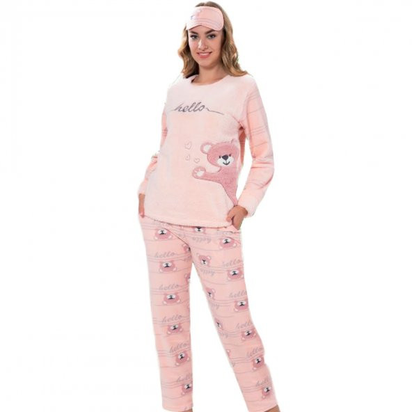 Hello Ayıcık Desenli Bayan Peluş Pijama Takımı
