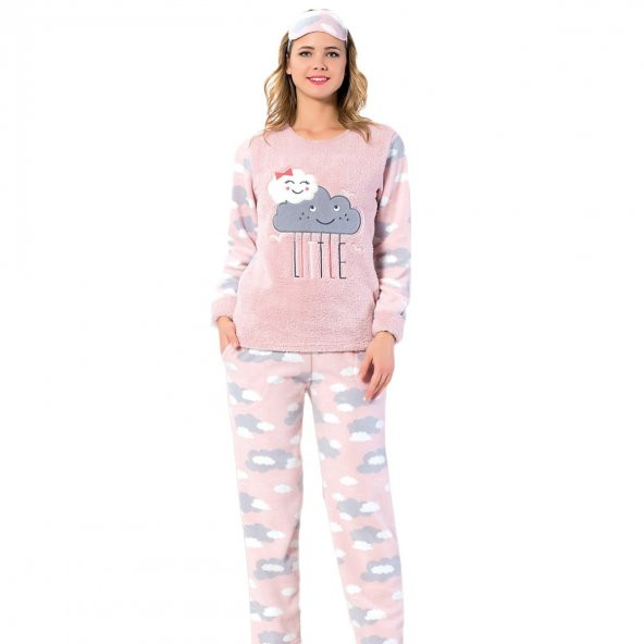 Gülen Bulut Desenli Bayan Peluş Pijama Takımı