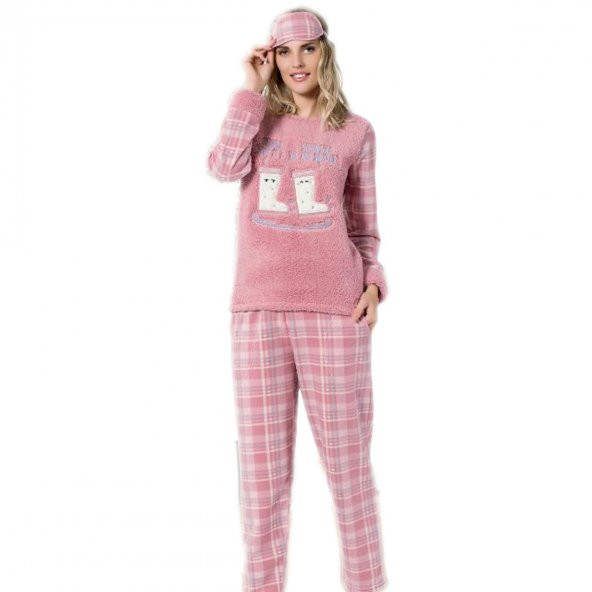 Kareli Bayan Peluş Pijama Takımı
