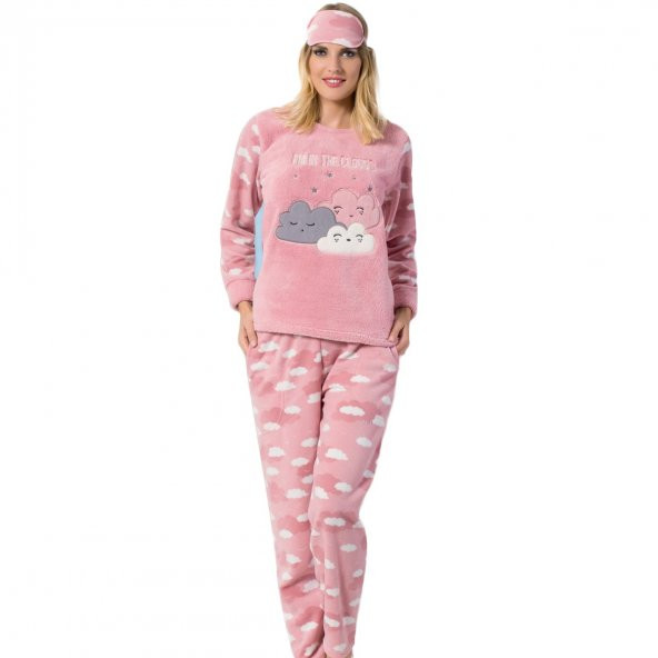 Bulut Desenli Bayan Peluş Pijama Takımı