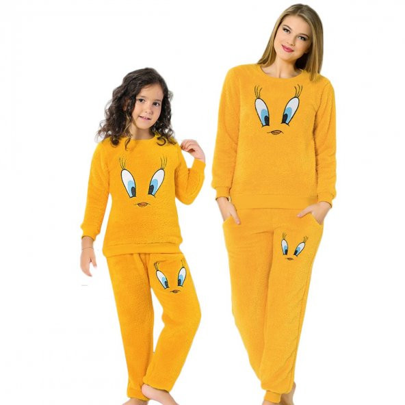 Tweety Desenli Tam Peluş Anneli Kızlı Pijama Takımı