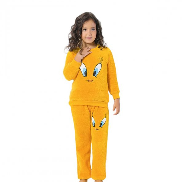 Tweety Desenli tam peluş kız çocuk polar pijama takımı