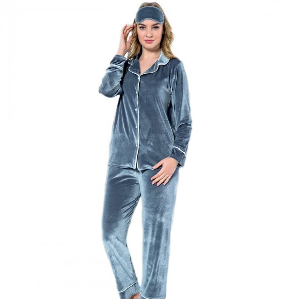 Gri Kadife Önden Düğmeli Pijama Takımı