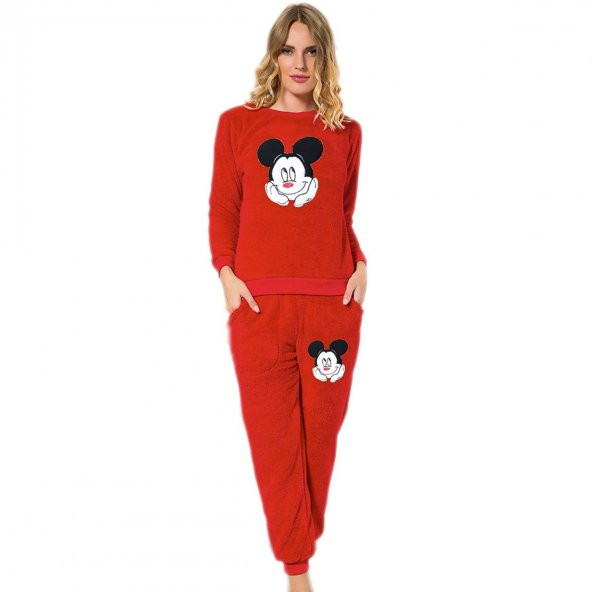 Mickey Desenli Tam Peluş Pijama Takımı