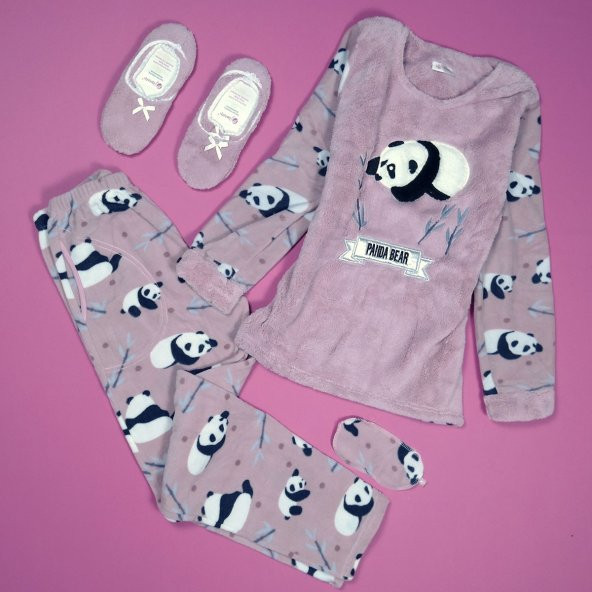 Pudra Panda Desenli Peluş Bayan Pijama Takımı