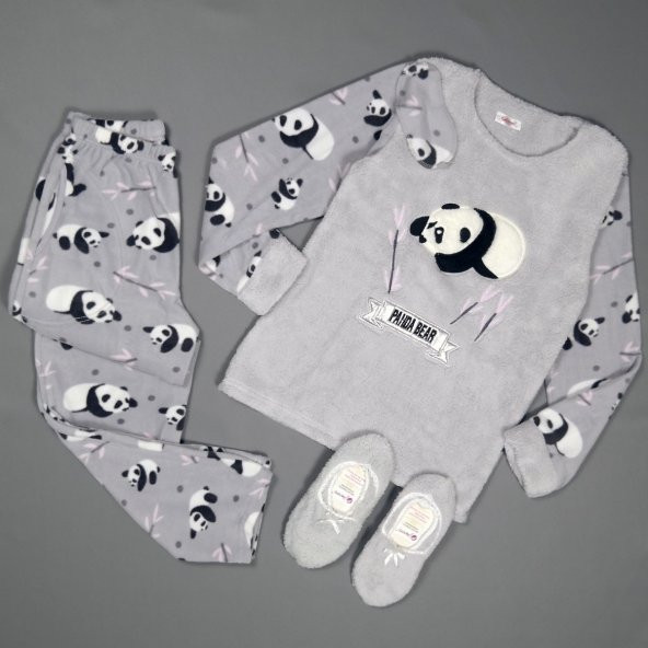 Gri Pudra Panda Desenli Peluş Bayan Pijama Takımı