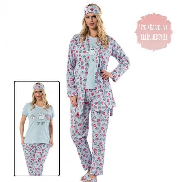 Mavi Cat Cafe Desenli Sabahlıklı Pijama Takımı