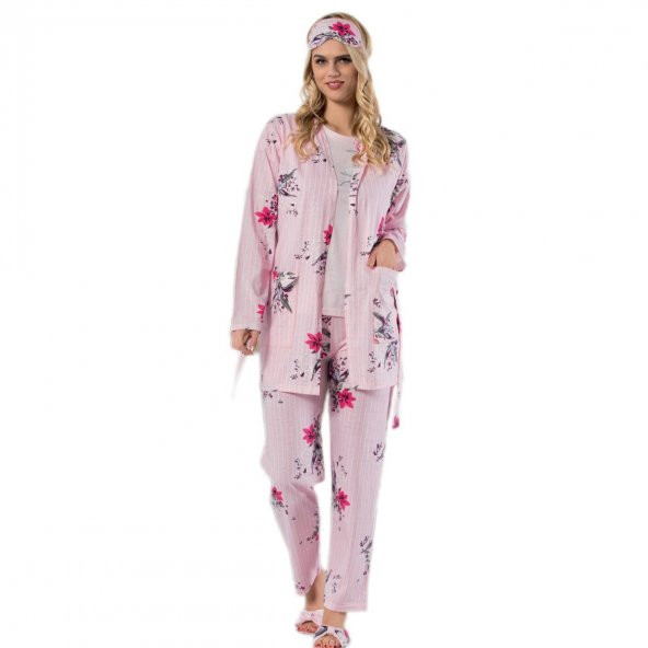 Pembe Çiçek Desenli Sabahlıklı Pijama Takımı