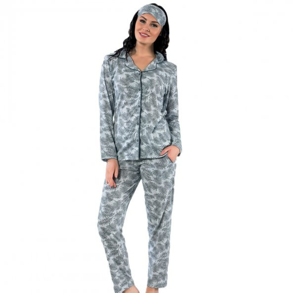 Yaprak Desenli Önden Düğmeli Pamuklu Pijama Takımı