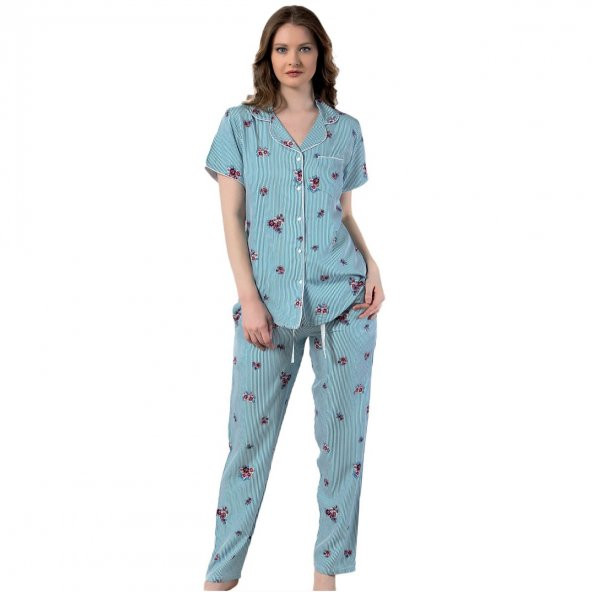 Azure Blue Exculusive Collection Önden Düğmeli İpek Saten Pijama Takımı