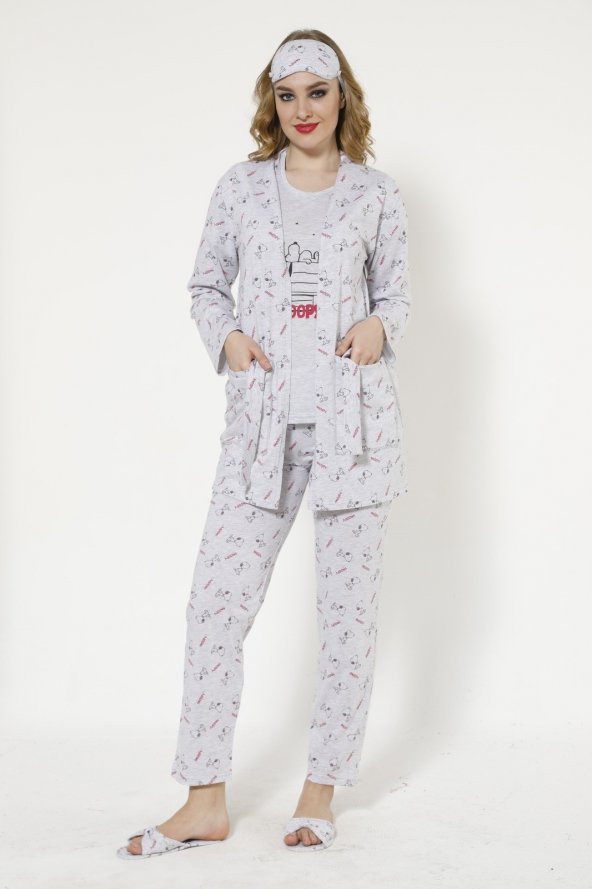 Snoopy Desenli Sabahlıklı Pijama Takımı