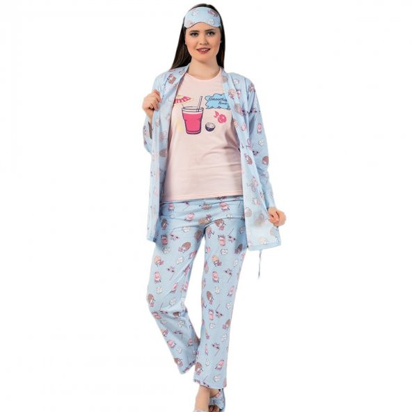 Smoothie Desenli Sabahlıklı Pijama Takımı