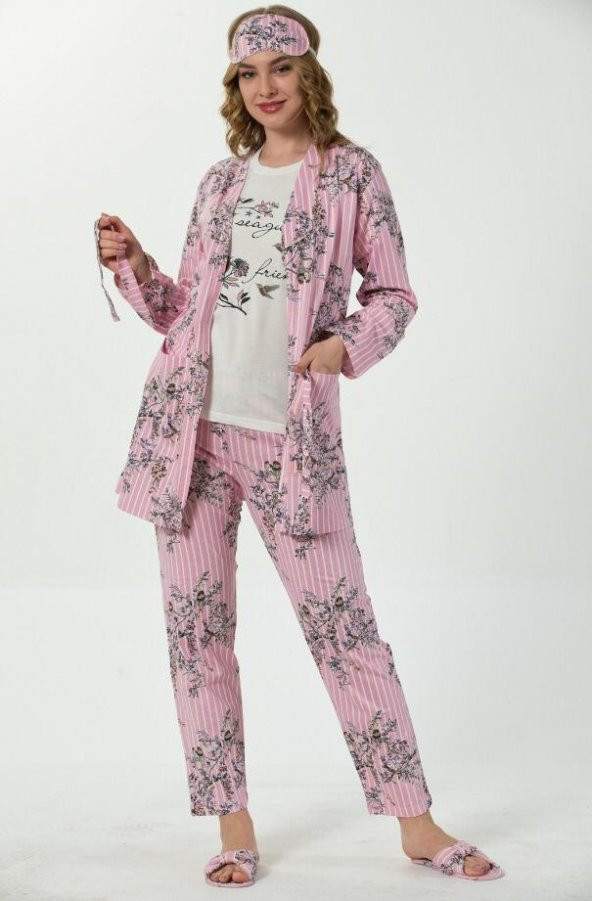 Pembe Çiçek Kuş Desenli Sabahlıklı Pijama Takımı