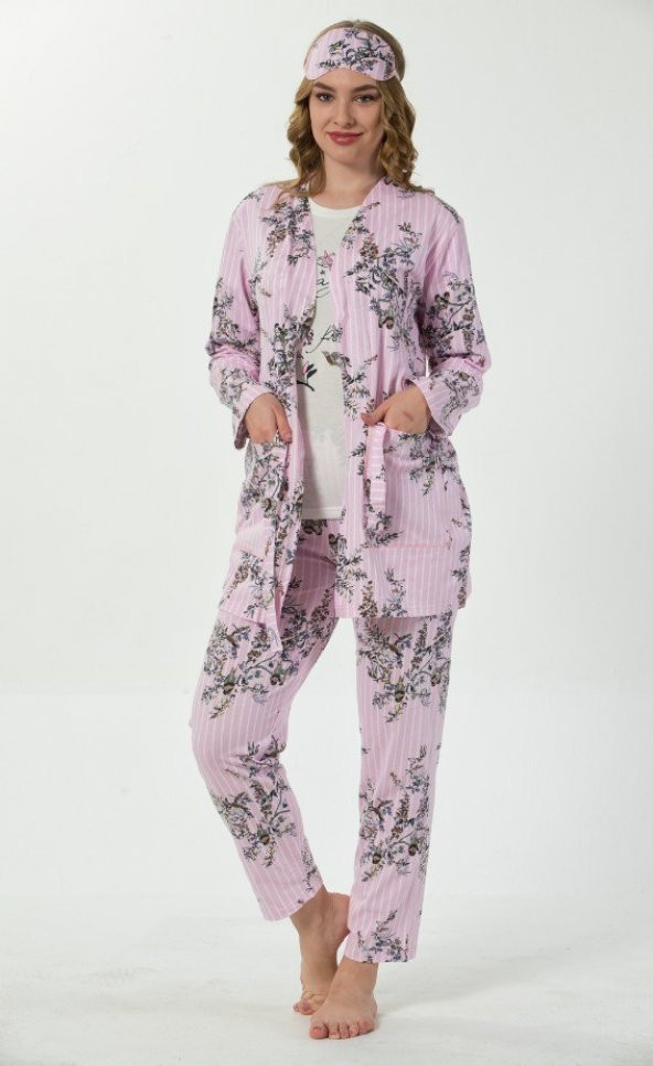 Açık Pembe Çiçek Kuş Desenli Sabahlıklı Pijama Takımı