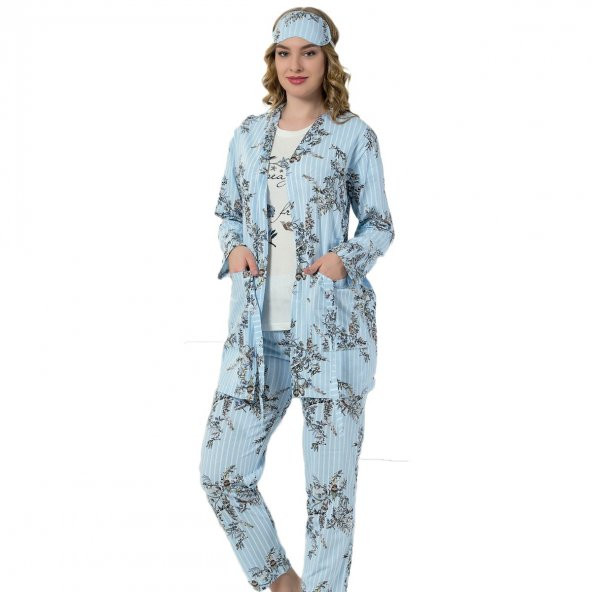 Mavi Çiçek Kuş Desenli Sabahlıklı Pijama Takımı