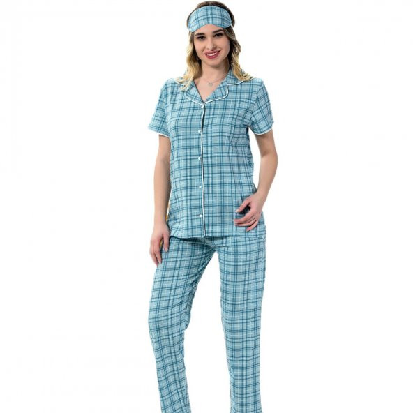 Kareli Önden Düğmeli Kısa Kollu Pijama Takımı