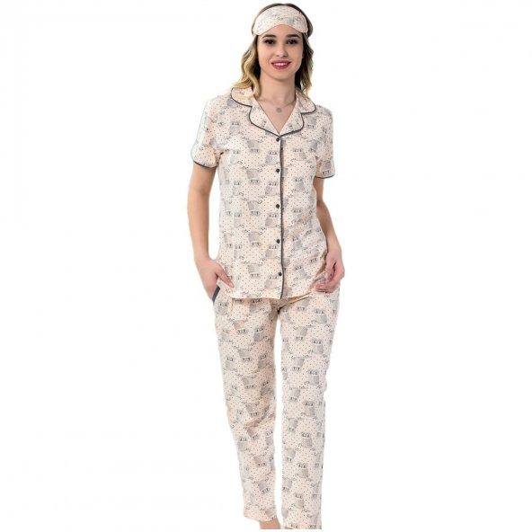 Baykuş Desenli Önden Düğmeli Kısa Kollu Pijama Takımı