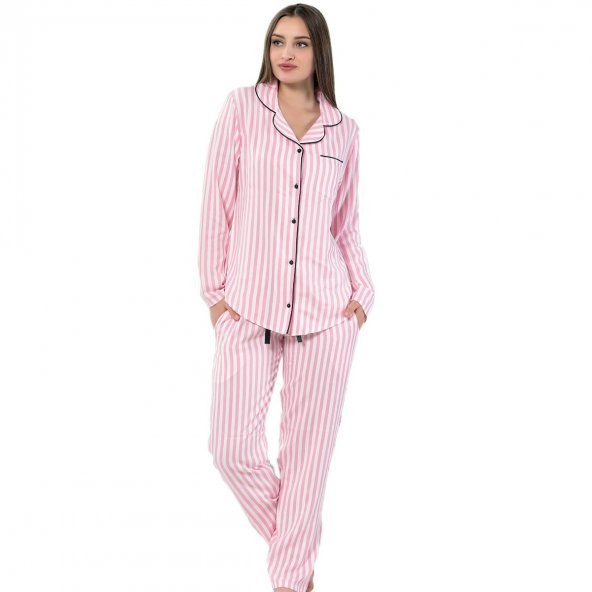 Pink Secret Exculusive Collection Önden Düğmeli Uzun Kollu İpek Saten Pijama Takımı