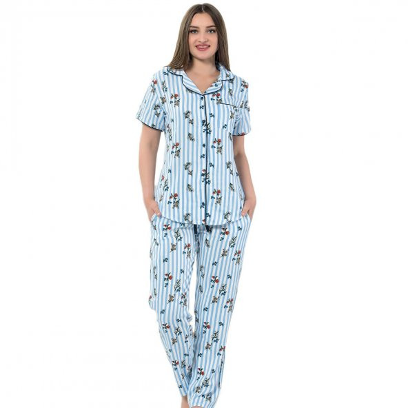 Blue One Exculusive Collection Önden Düğmeli Kısa Kollu İpek Saten Pijama Takımı