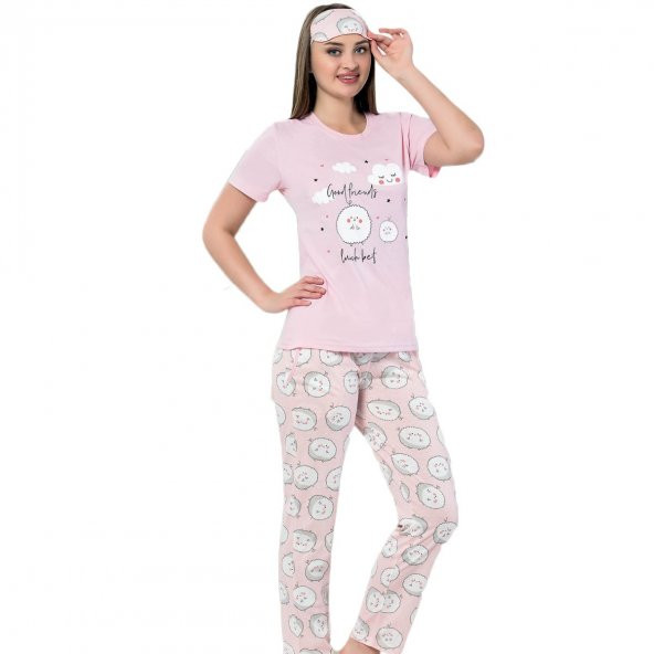 Kuzu Desenli Kısa Kollu Pijama Kadın Takımı