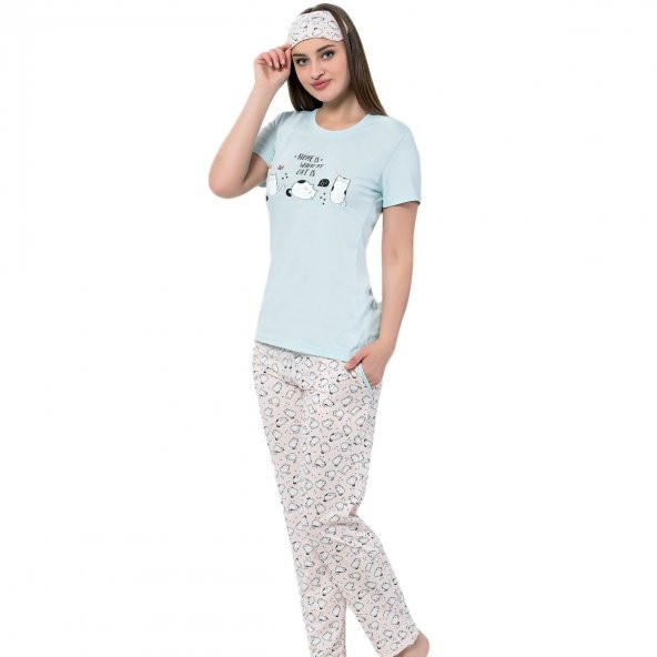 Kedi Desenli Kısa Kollu Pijama Kadın Takımı