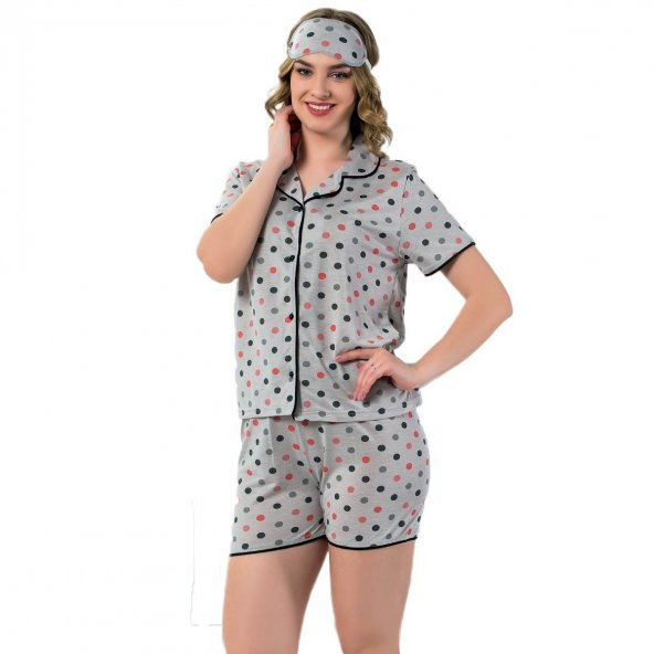 Puan Desenli Önden Düğmeli Kısa Kollu Şortlu Pijama Takımı