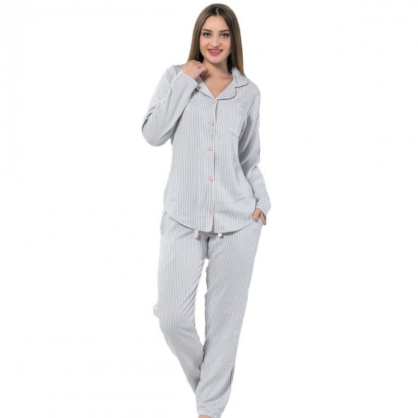 Liny Exculusive Collection Önden Düğmeli Uzun Kollu İpek Saten Pijama Takımı