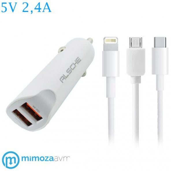 Alsche Dual 2in1 5V 2.4A Çift USB Araç Şarjı ve Kablo Seçeneği
