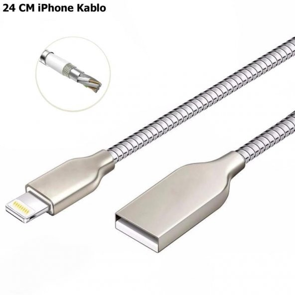 24 CM Metal Yaylı Powerbank Kablosu iPhone Kopmaz Kırılmaz