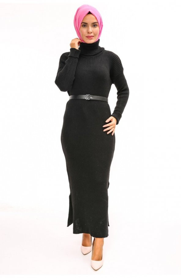 Balikçi Yaka Uzun Triko Elbise-1450 - Siyah