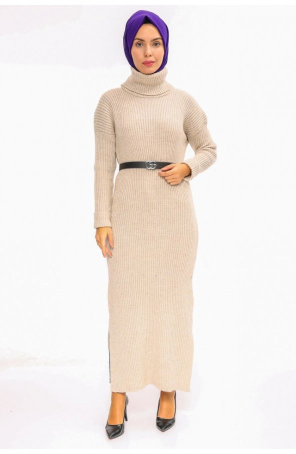 Balikçi Yaka Uzun Triko Elbise-1450 - Taş