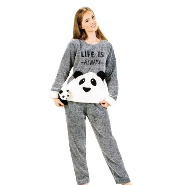 Pandalı Tam Peluş Pijama Takımı