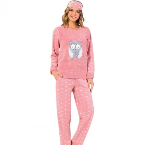 Baykuş Desenli Pudra Peluş Pijama Takımı