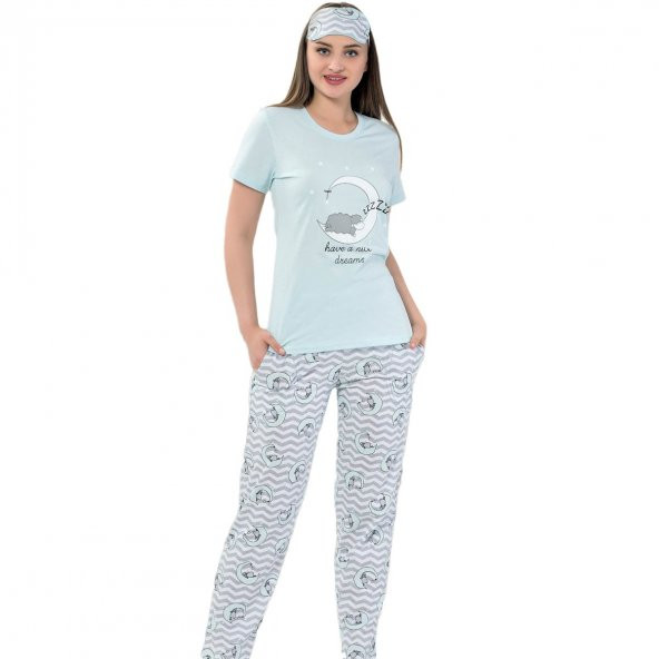 Mavi Kuzu Ay Desenli Kısa Kollu Pijama Kadın Takımı