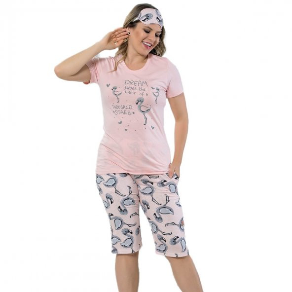 Dream Flamingo Desenli Kapri Kısa Kollu Bayan Pijama Takımı