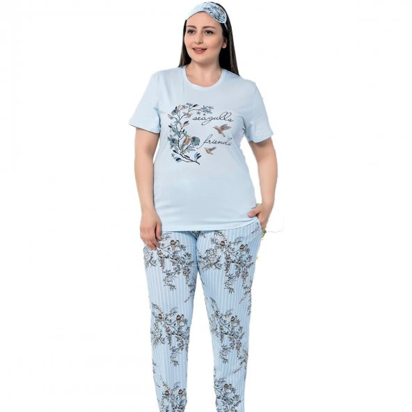 Mavi Kuş Çiçek Desenli Büyük Beden Büyük Beden Battal Pijama Takımı