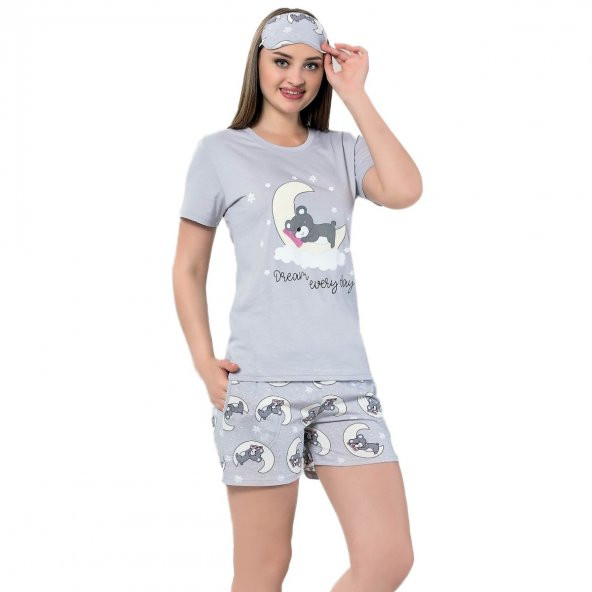 Gri Dream Bear Desenli Şortlu Bayan Pijama Takımı