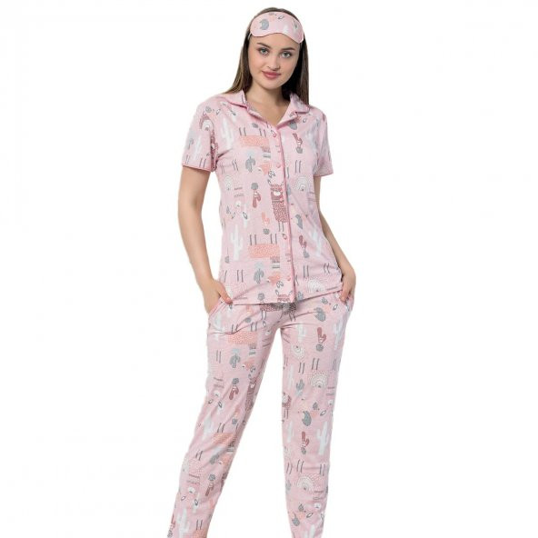 Lama Desenli Önden Düğmeli Kısa Kollu Pijama Takımı