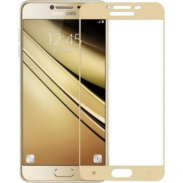 Samsung Galaxy C8 - Tamperli Tam Kaplayan Kırılmaz Cam Tam Kaplama Ekran Koruyucu 9H - Gold