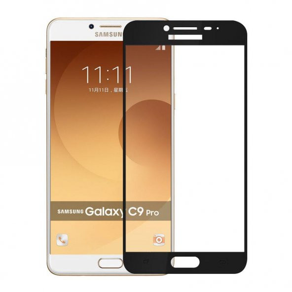 Samsung Galaxy C9 Pro - Tamperli Tam Kaplayan Kırılmaz Cam Tam Kaplama Ekran Koruyucu 9H - Siyah