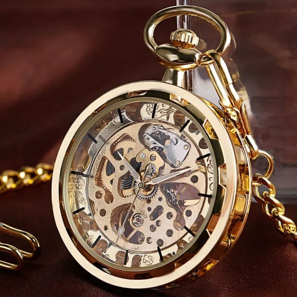 Winner Gold Dizayn Retro Kurmalı Köstekli Cep Saati Zincirli Saat