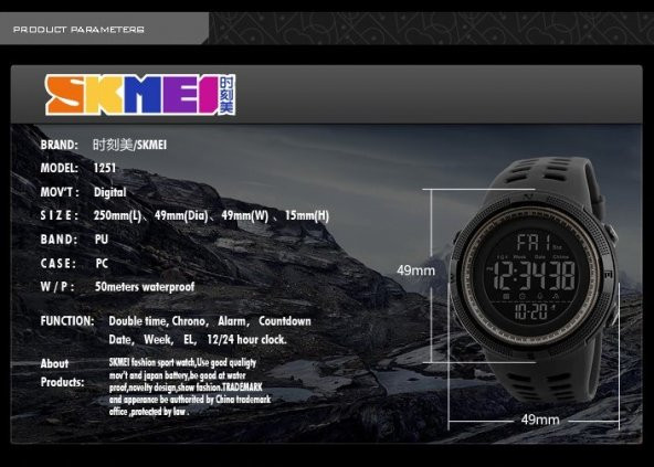Skmei 1251 Su Geçirmez Sporcu Erkek Kol Saati Dijital Işıklı Saat - 6