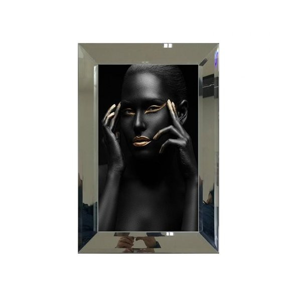 Aynalı Gold İşlemeli Çekik Gözlü Siyahi Kadın Tablo 50x70 cm