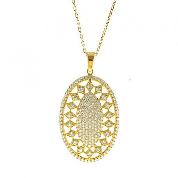 Beyaz Zirkon Taşlı Baklava Desen Oval 925 Ayar Gümüş Bayan Kolye - 5