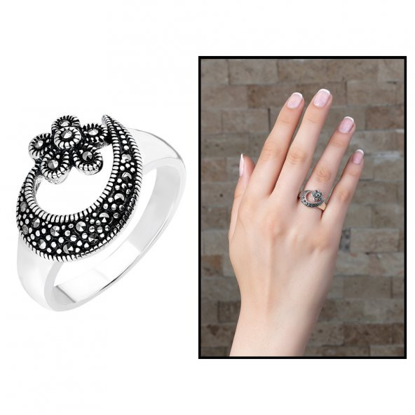 925 Ayar Gümüş Siyah Zirkon Taşlı Çiçek-Hilal Tasarım Bayan Yüzük